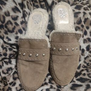 Vince Camuto Tan Suede Mules with Silver Accents